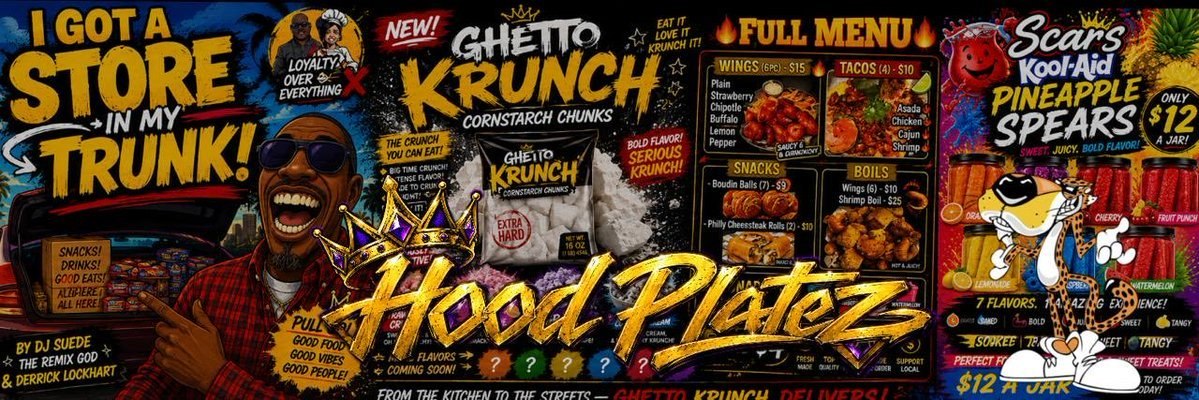HoodPlatez street-art branding banner featuring hood platez and Ghetto Krunch